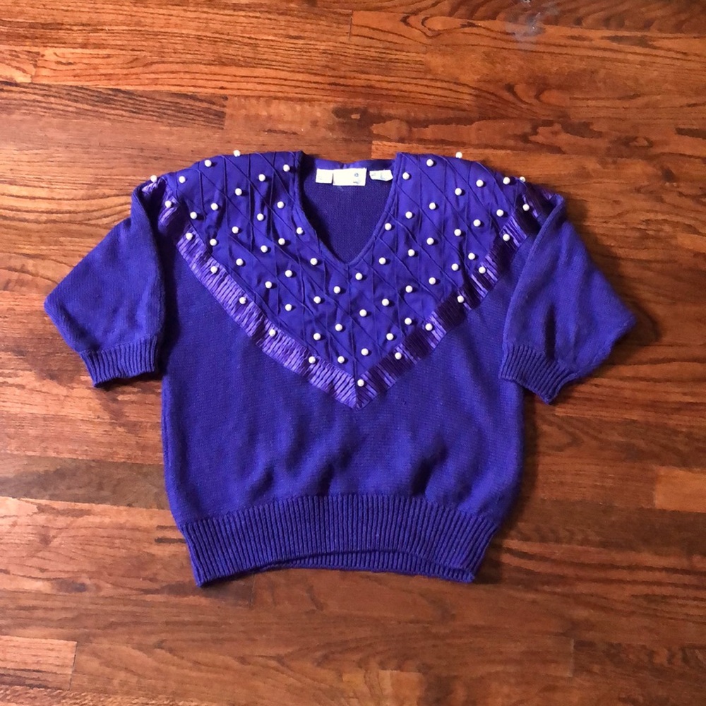 Halloween 80s-Vintage Purple Beaded Sweater with Shoulder Pads 👻